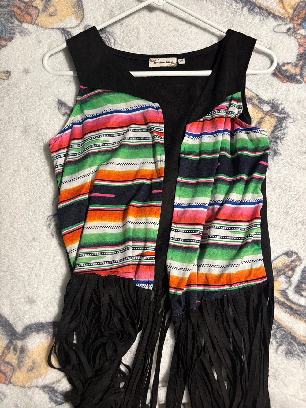 Black Fringe vest with Colorful Serape Cross - Picture 2 of 3